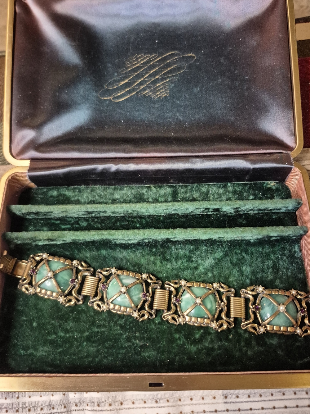 Antique Green Stone, Pearl Purple Stone Link Bracelet with Brass Filigree